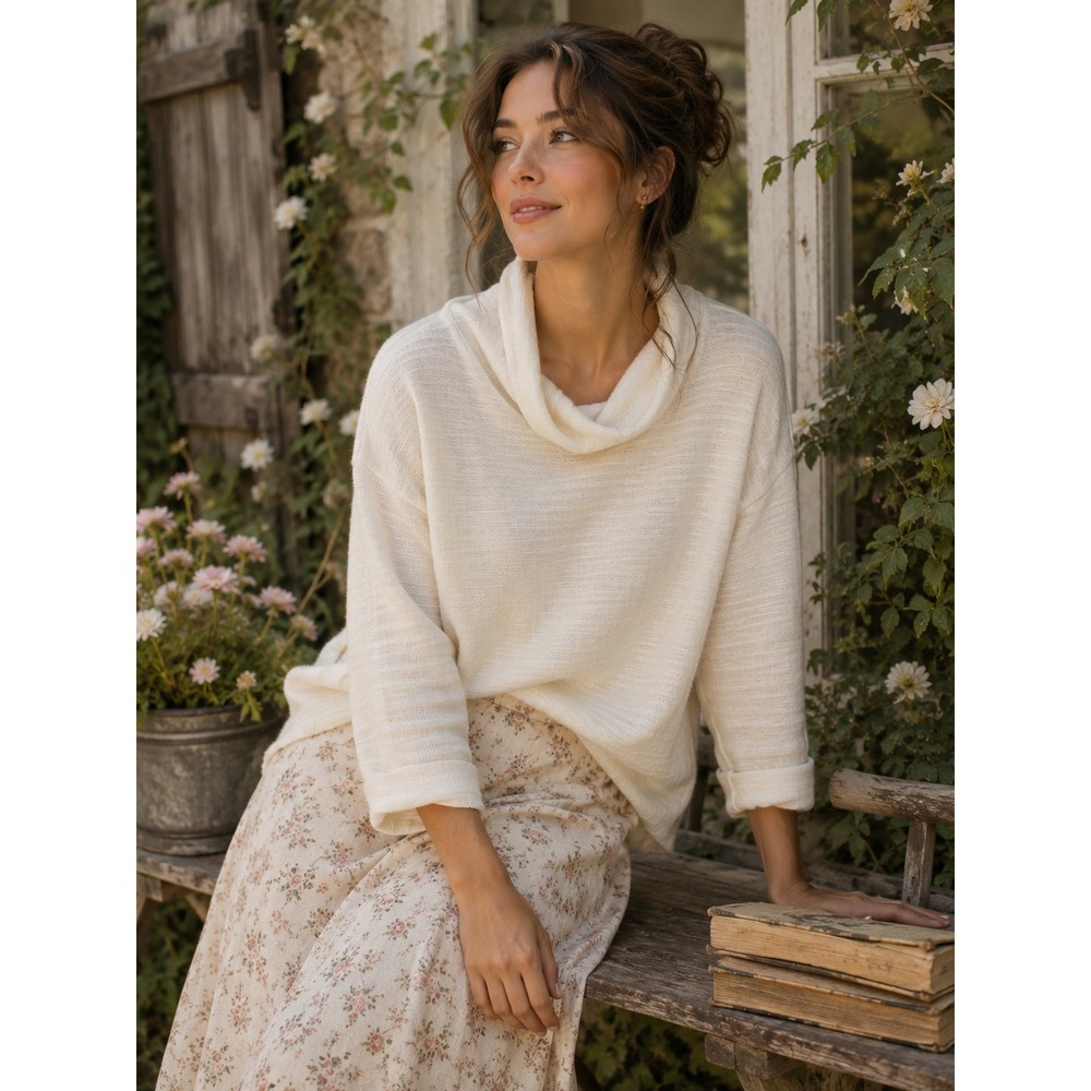 J. Jill Cowl Neck Sweater Womens Large Petite Cream Textured Knit Cottagecore
